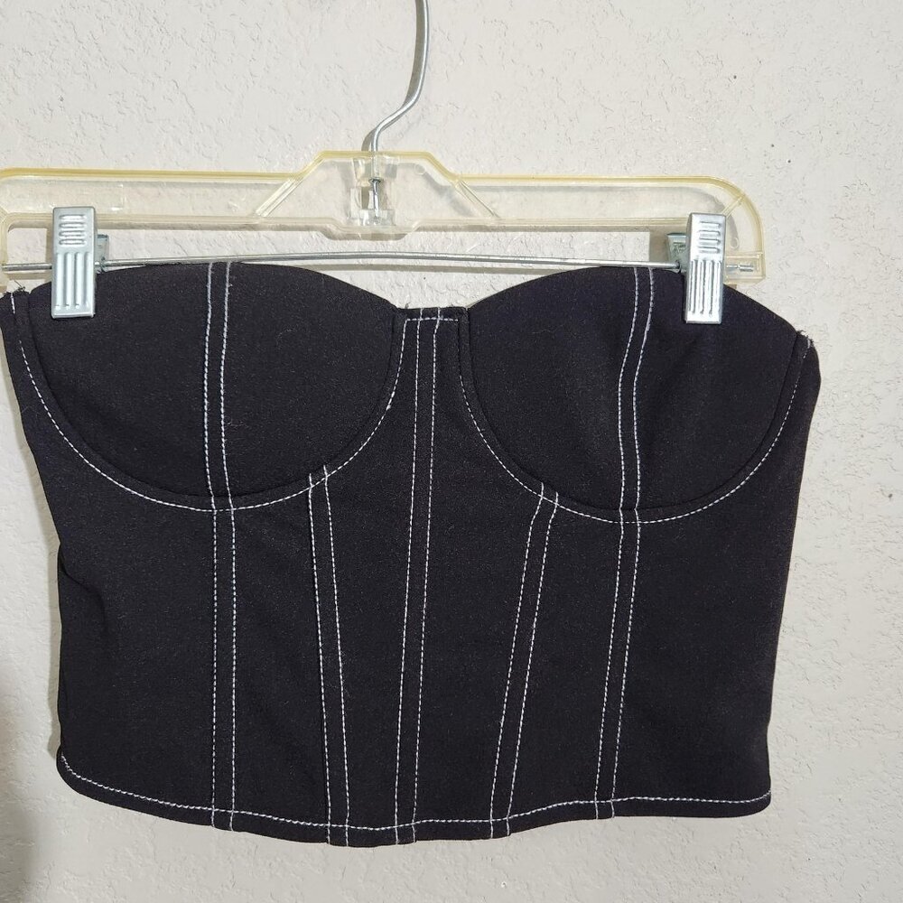 Nasty Gal Bustier Crop Top Womens US 4 Black White Stitch Strapless Zip Back